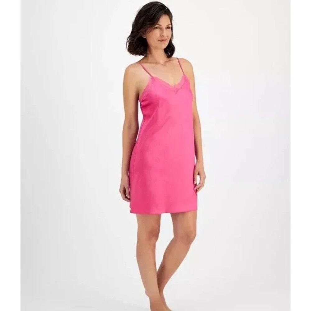 Y2K Barbiecore Satin Lace Trim Slip Chemise Nightgown Hot Pink XL NWT